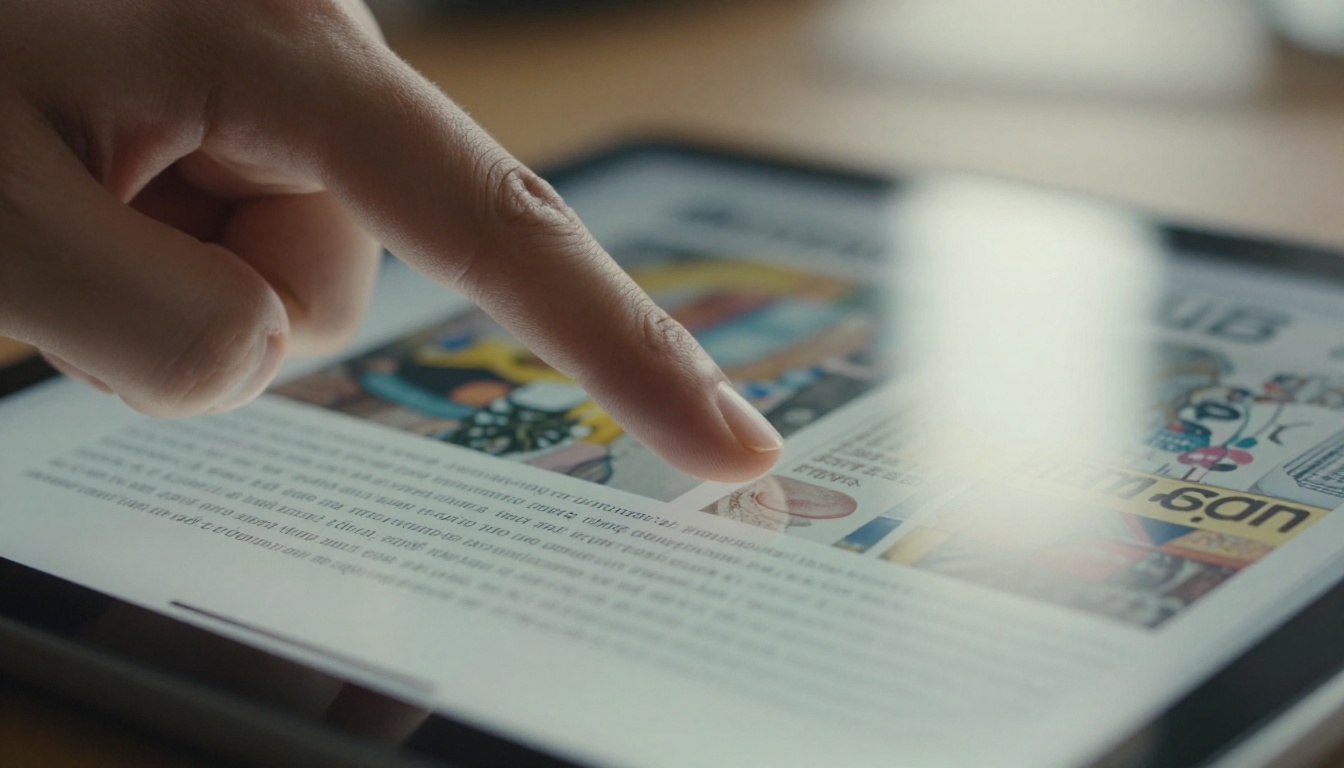 Finger swiping a tablet screen showing a magazine page Finger swiping a tablet screen showing a magazine page