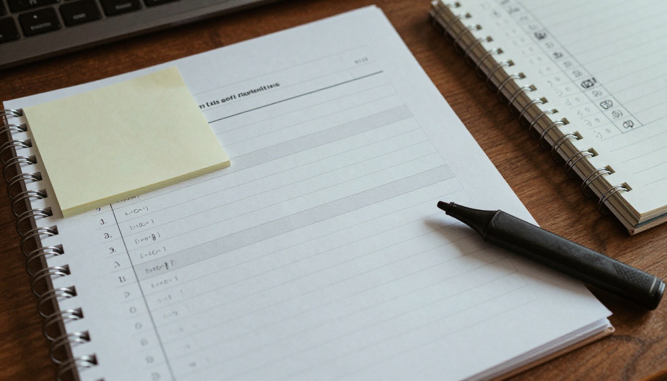 An overhead view of a desk with a report, sticky tabs and a notebook of tally marks