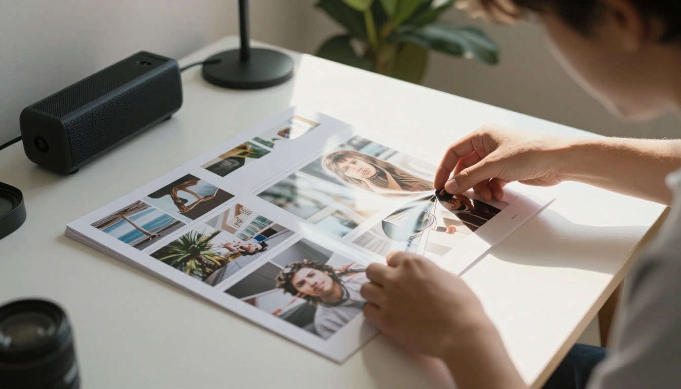 A photographer flipping through a large printed portfolio beside a small speaker