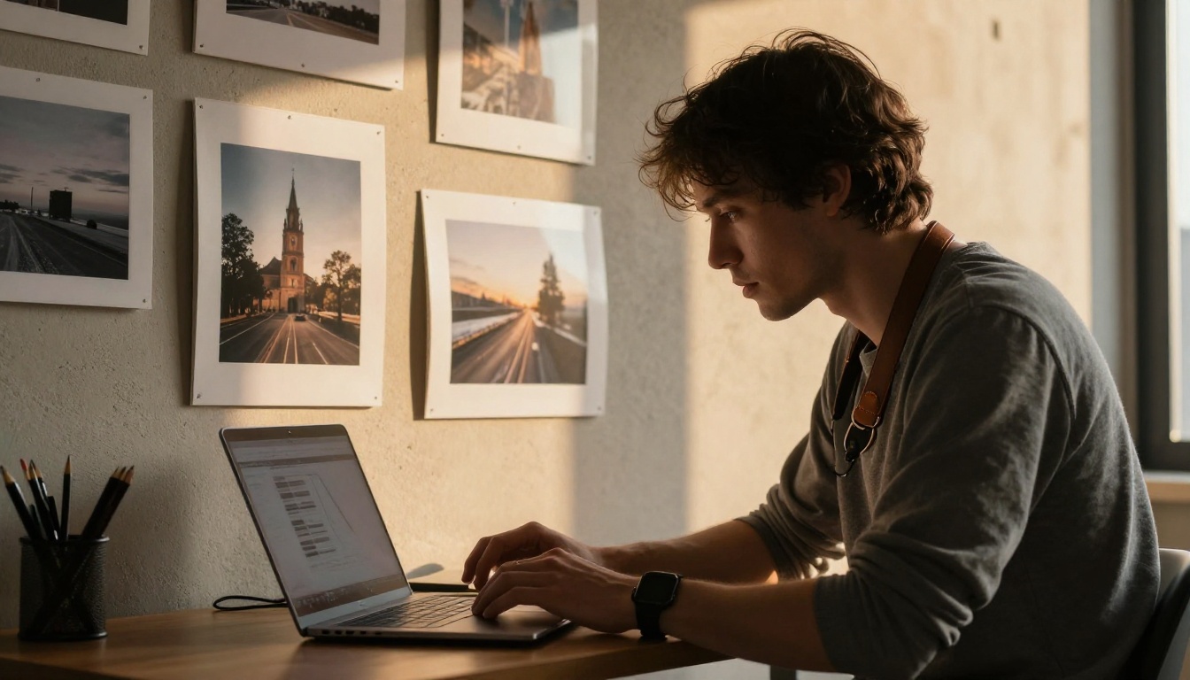 Photographer checking a portfolio on a laptop at a standing desk Photographer checking a portfolio on a laptop at a standing desk