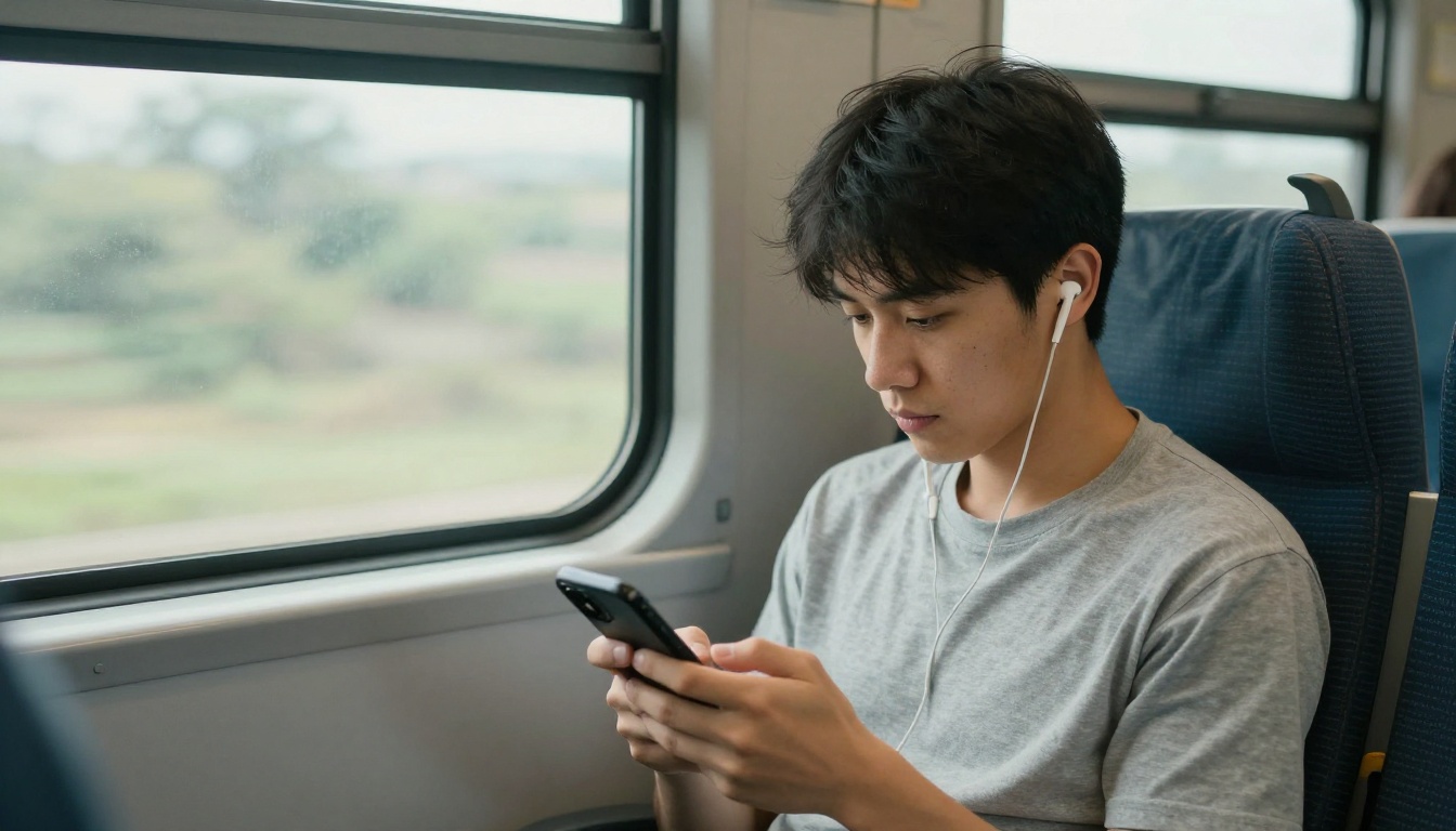 A commuter on a train seat listening with earbuds while reading on a smartphone