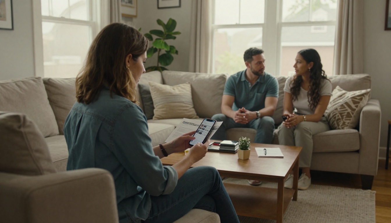Real estate agent sharing a brochure on a smartphone Real estate agent sharing a brochure on a smartphone