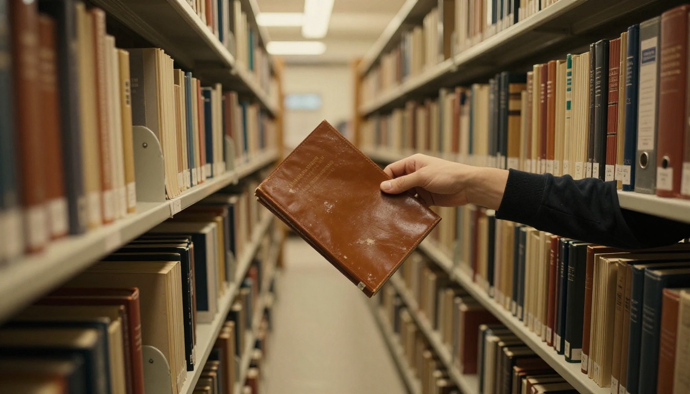 A shelf of bound reports with one thick report being pulled out