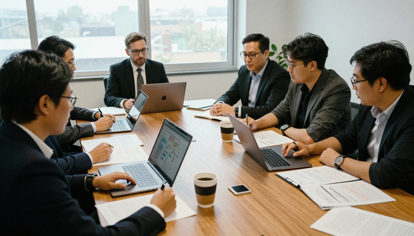 A marketing team around a table reviewing analytics on a laptop with notes and coffee