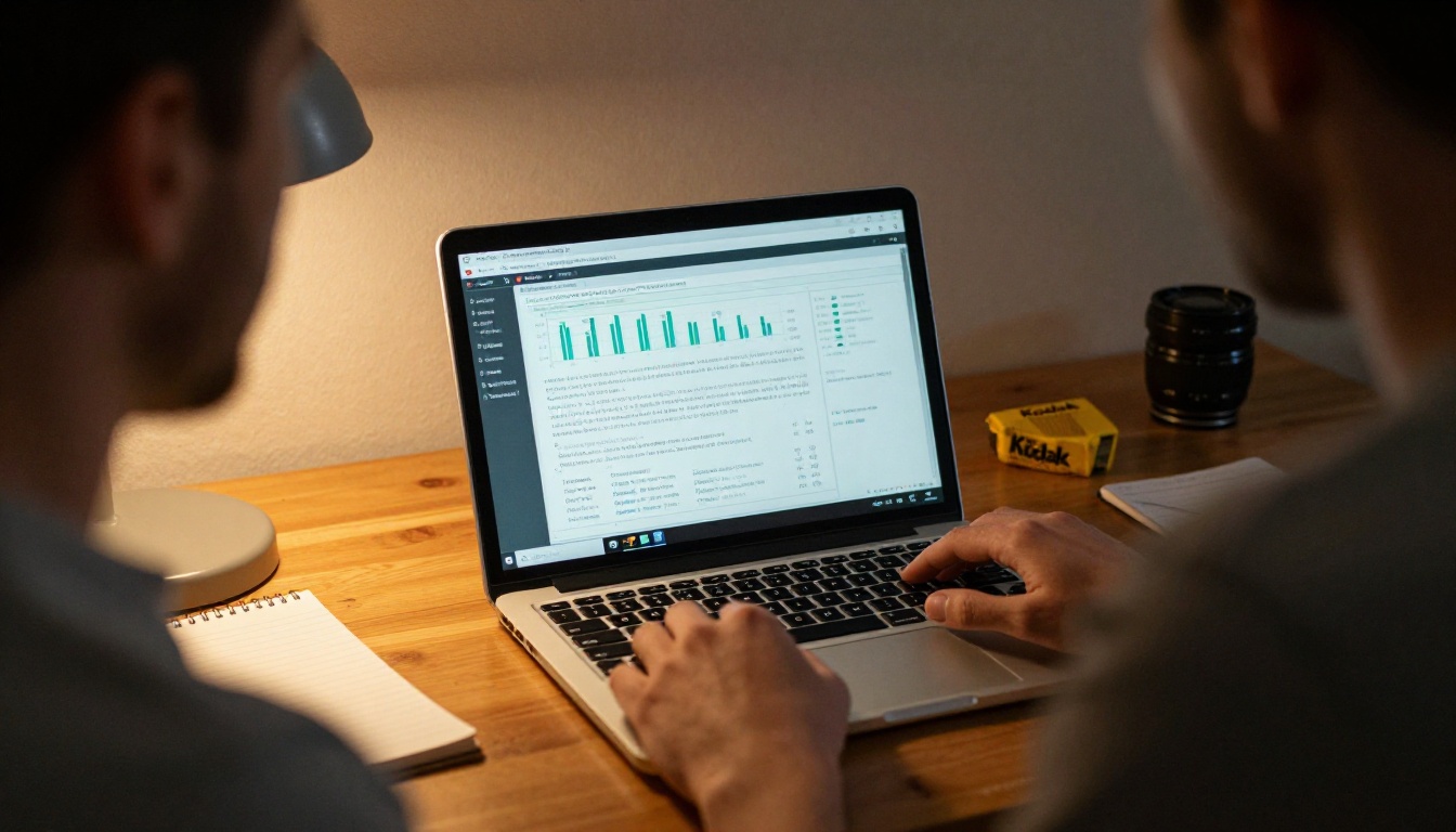 Man checking analytics charts on a laptop in a home office Man checking analytics charts on a laptop in a home office