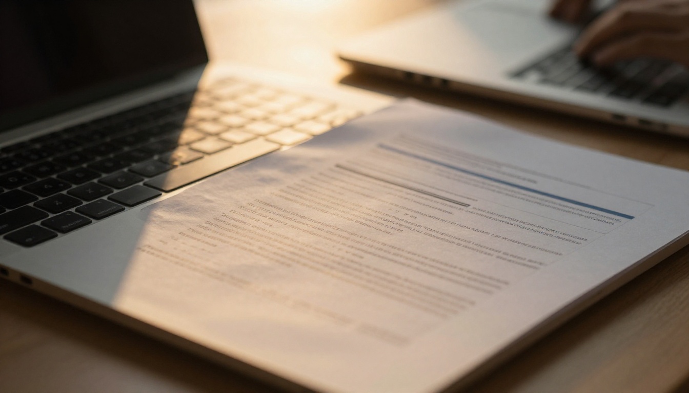 A laptop beside a printed report on a desk at sunset