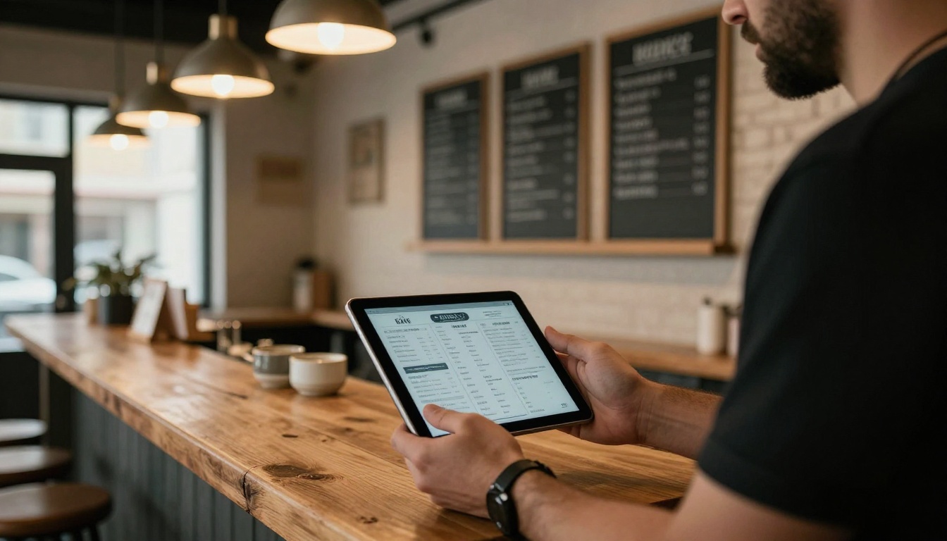 Restaurant owner holding a tablet with a digital menu Restaurant owner holding a tablet with a digital menu
