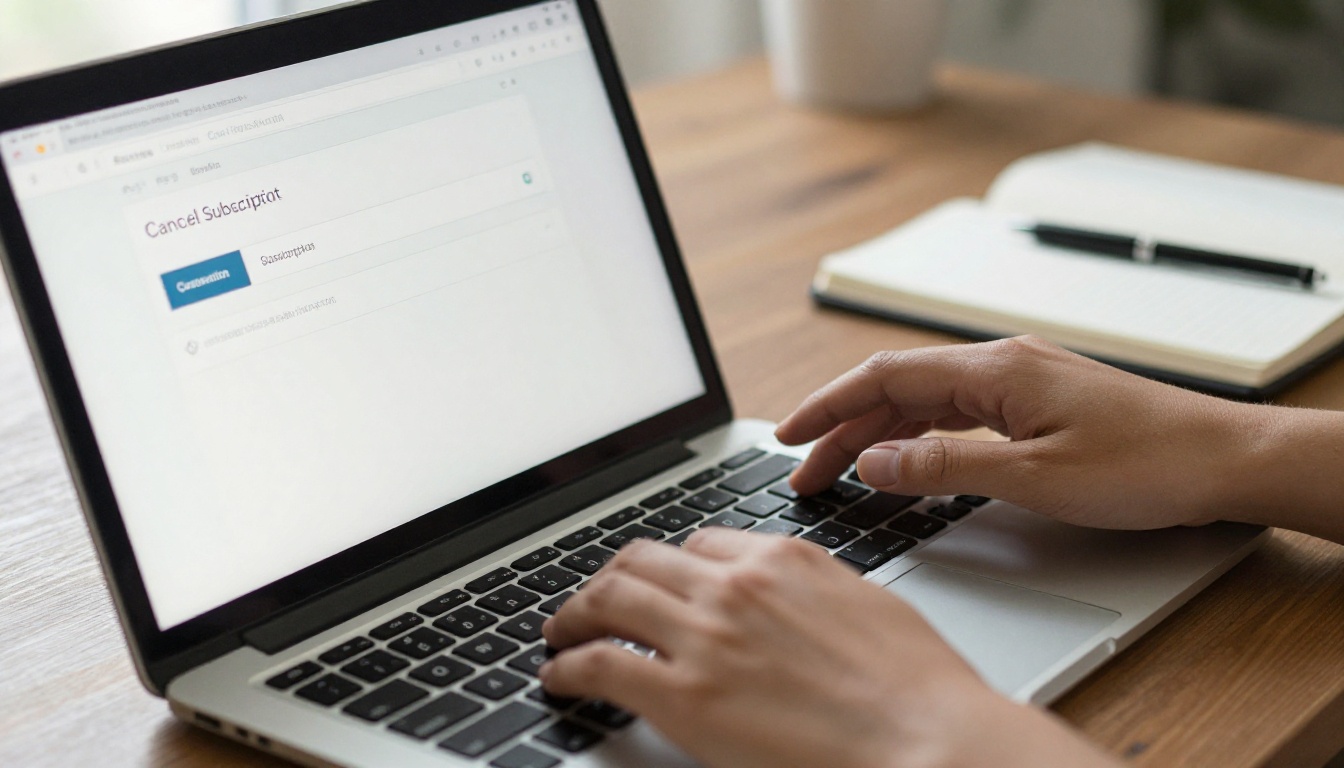 Hands hovering over a laptop with a cancel subscription dialog Hands hovering over a laptop with a cancel subscription dialog