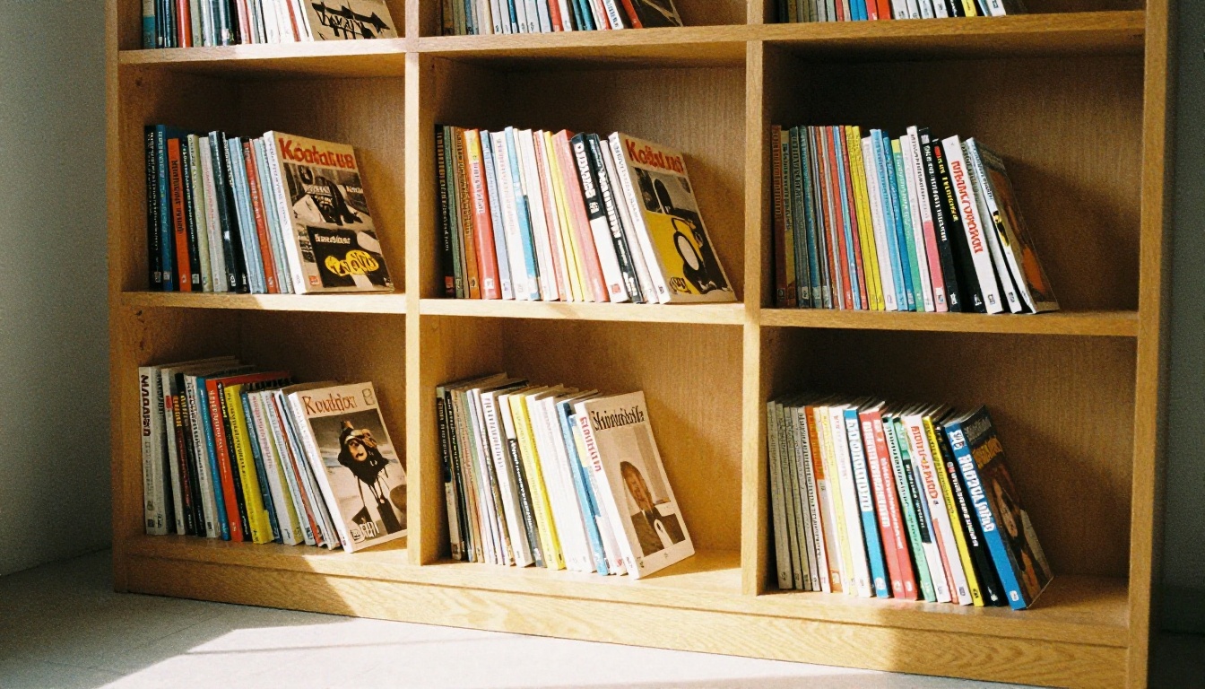 Wooden bookshelf filled with printed magazines and catalogs Wooden bookshelf filled with printed magazines and catalogs
