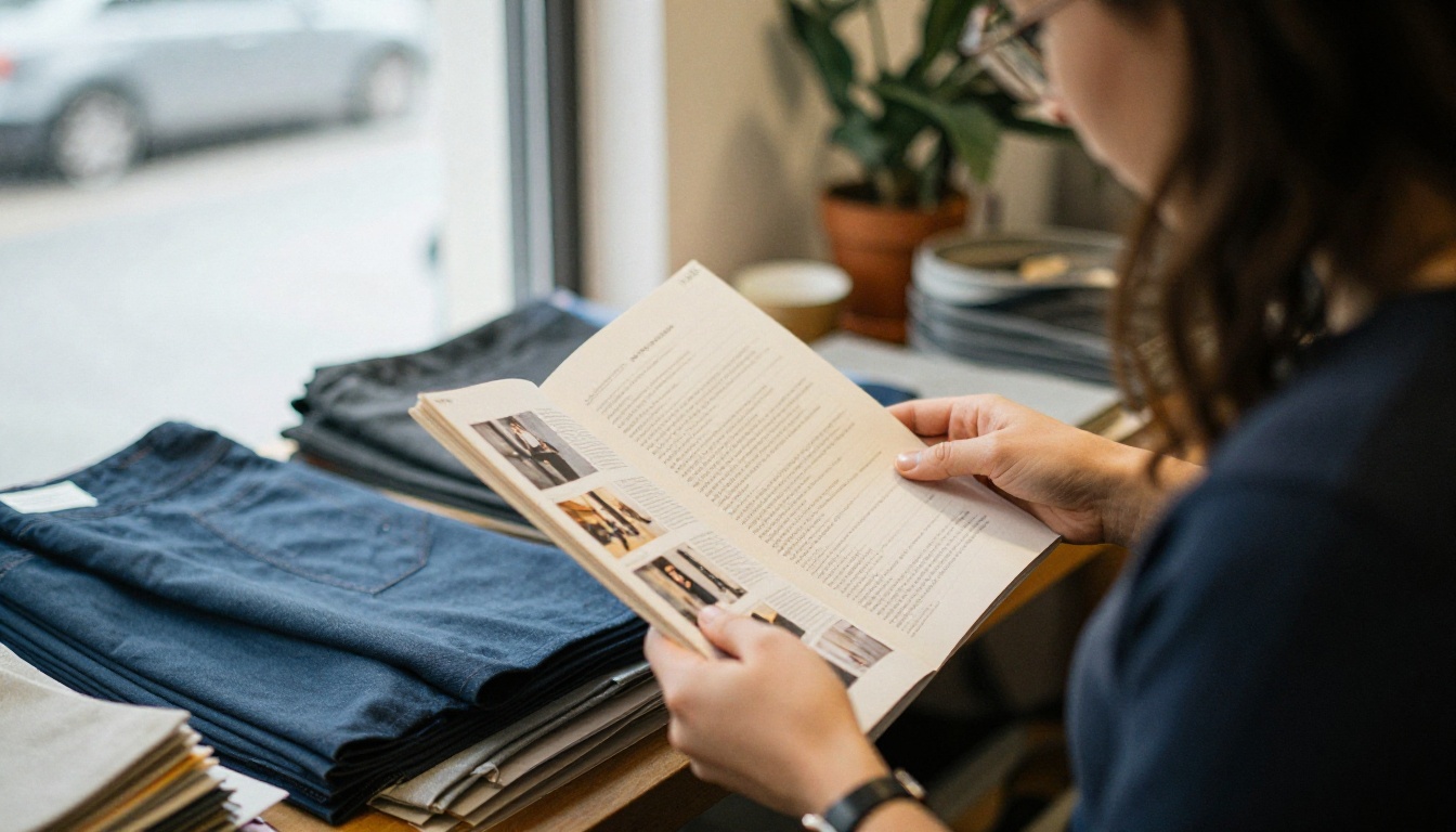 Boutique owner reviewing a printed lookbook with a colleague Boutique owner reviewing a printed lookbook with a colleague