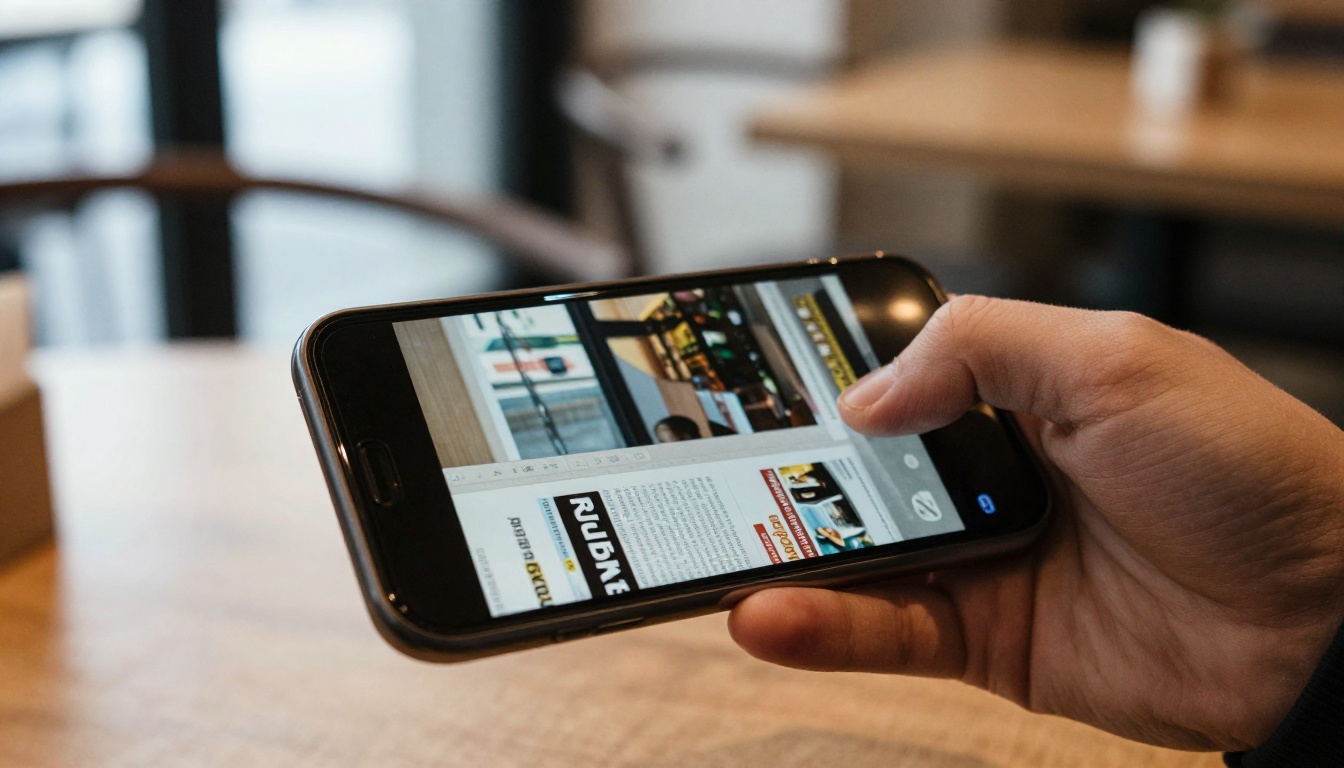 Hand holding a smartphone displaying a digital magazine Hand holding a smartphone displaying a digital magazine