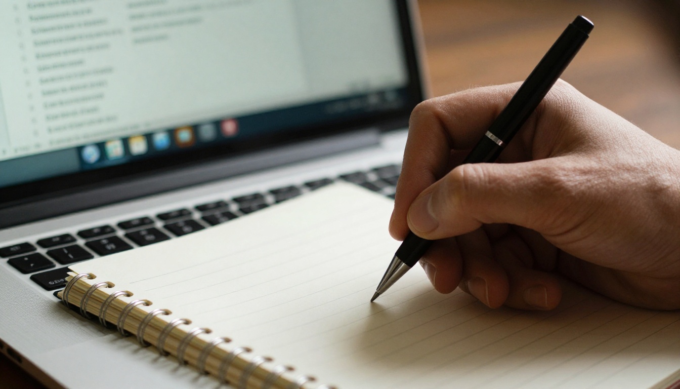 Hands writing a checklist beside a laptop with embed code Hands writing a checklist beside a laptop with embed code