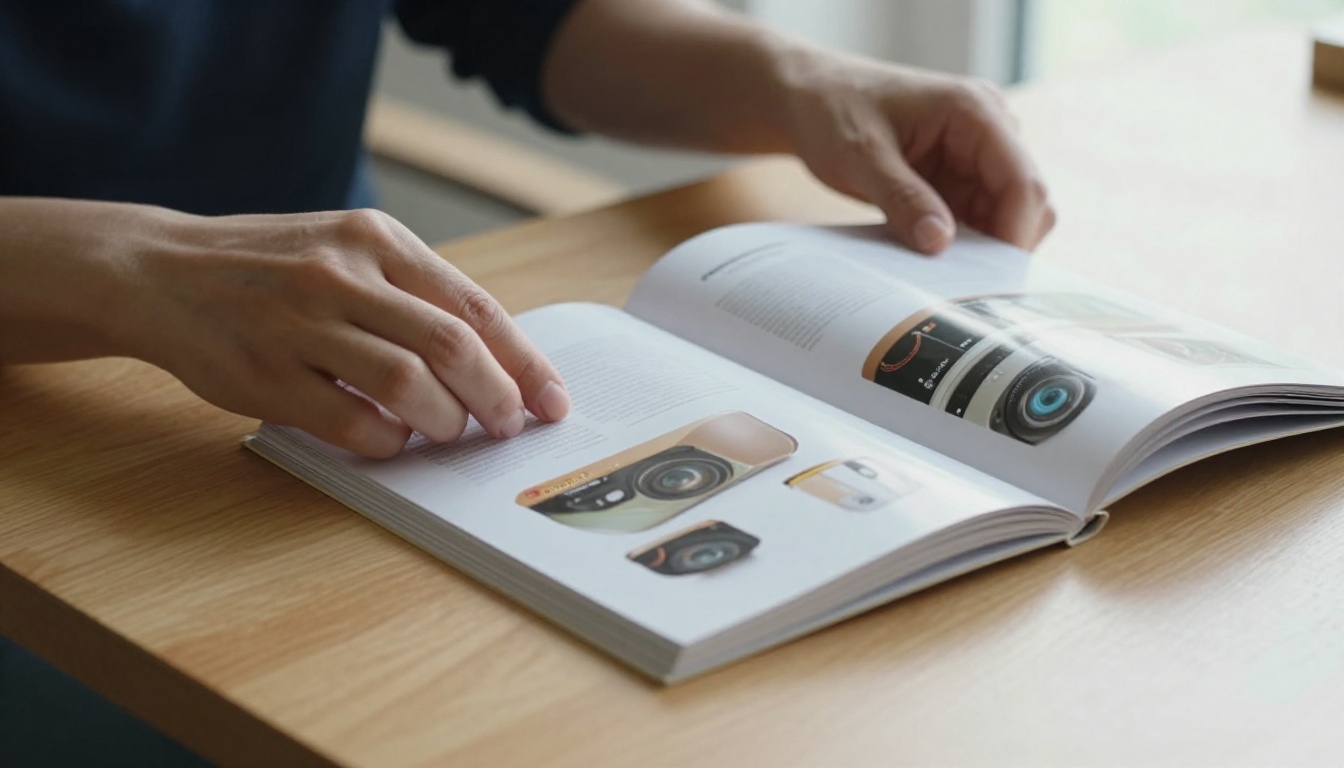 A thin twelve page product catalog being flipped through on an oak table