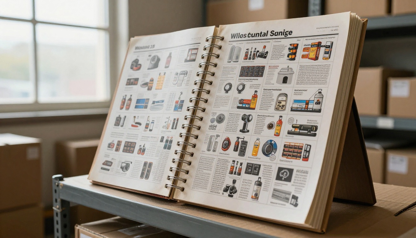 A thick spiral bound wholesale catalog on a warehouse shelf beside cardboard boxes