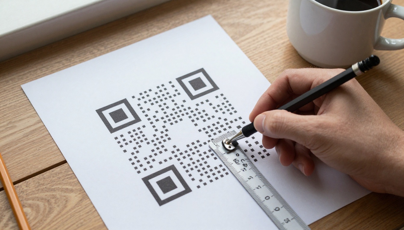 Hand holding a ruler to measure a printed QR code on a flyer Hand holding a ruler to measure a printed QR code on a flyer
