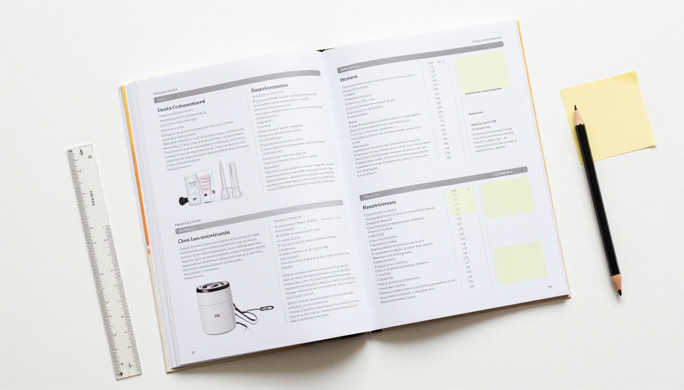 Flat lay of a catalog spread with a grid of six products, ruler and sticky notes
