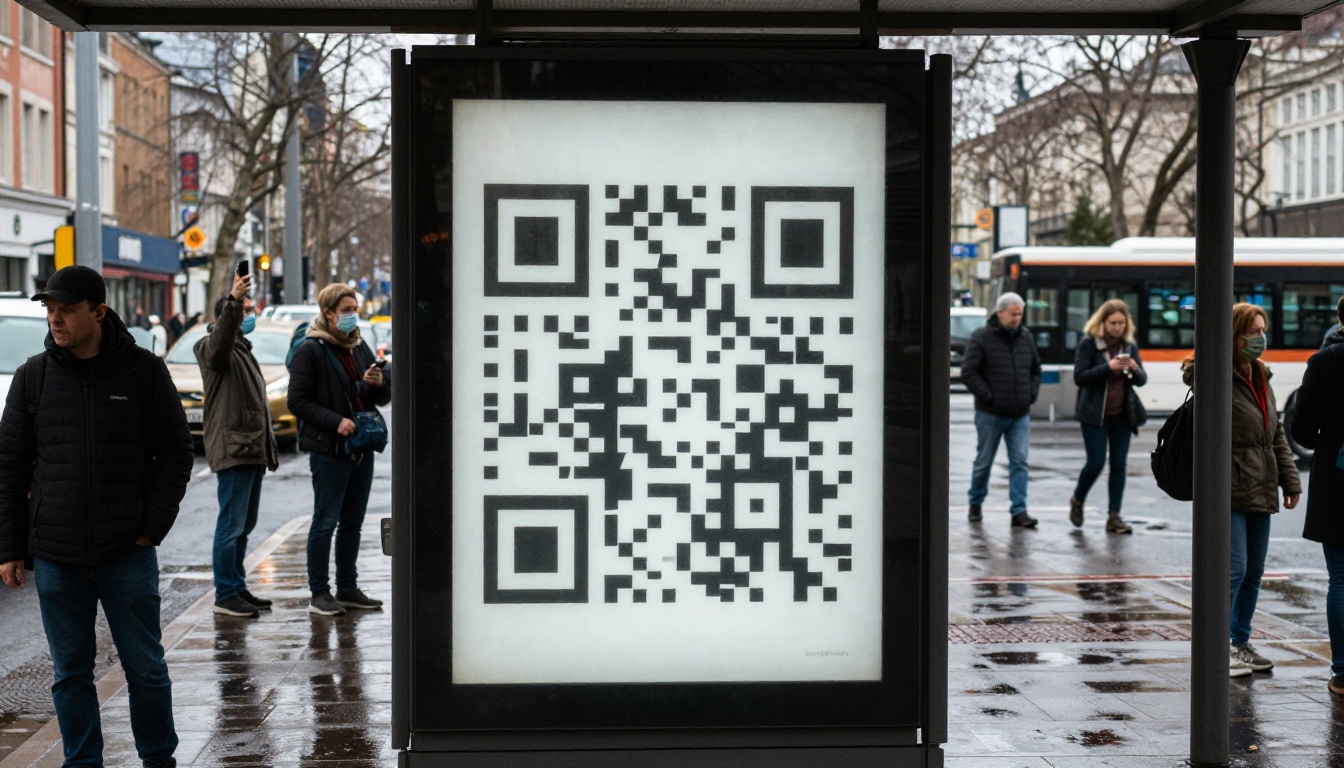 Commuters scanning a large QR code poster at a bus shelter Commuters scanning a large QR code poster at a bus shelter
