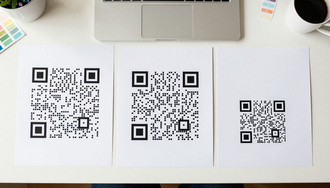 Three flyers with small, medium and large QR codes on a desk Three flyers with small, medium and large QR codes on a desk