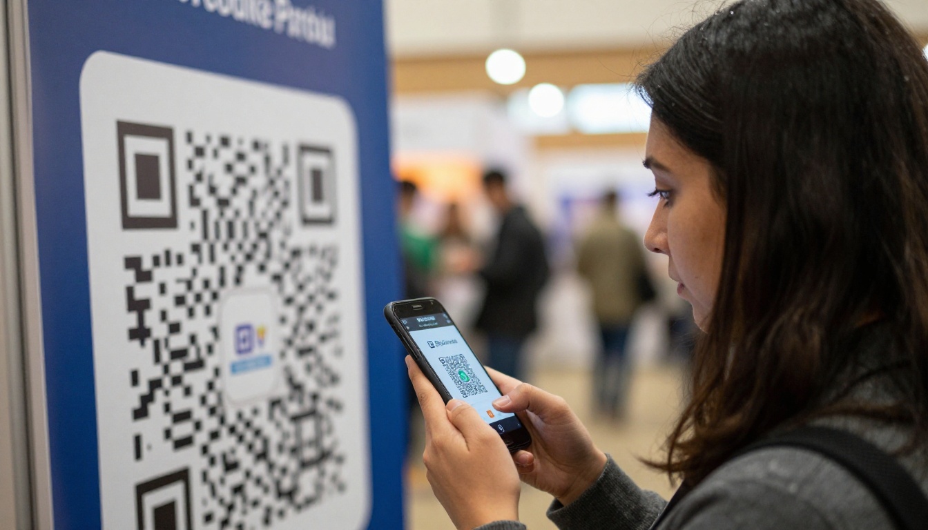 Visitor scanning a QR code on a trade show poster Visitor scanning a QR code on a trade show poster