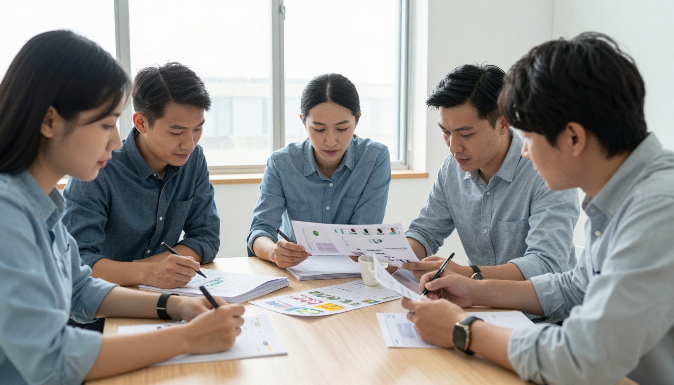A team of three colleagues reviewing printed catalog proofs around a meeting table