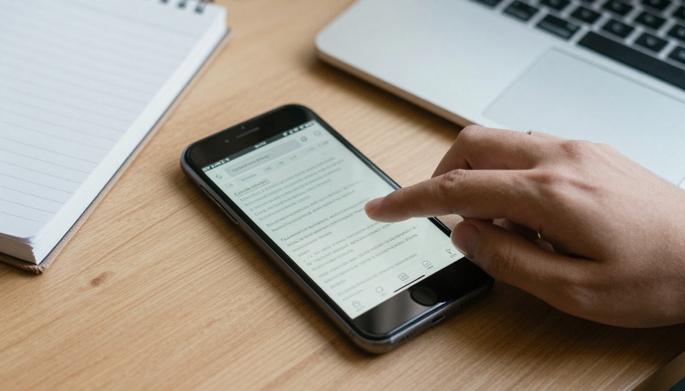 A hand tapping a link on a smartphone to open a page-flip document in a mobile browser