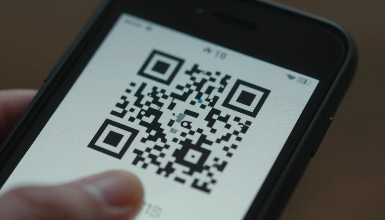 Phone camera scanning a QR code on glossy paper with glare Phone camera scanning a QR code on glossy paper with glare