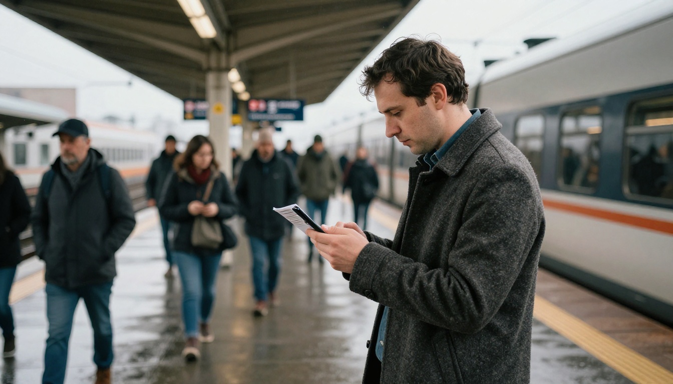 A commuter reading a digital brochure on a smartphone while standing on a train platform