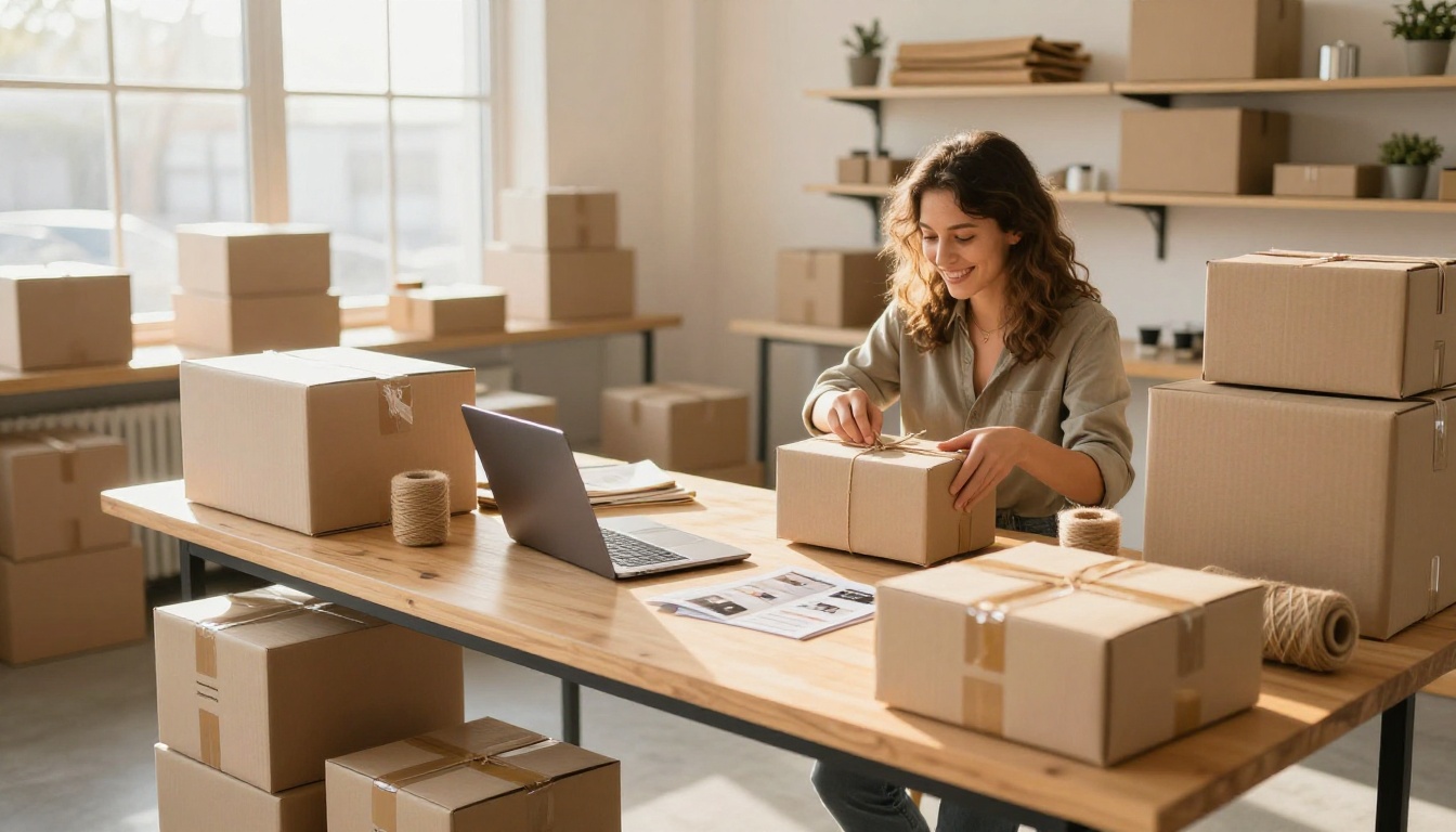 A bright small business workspace with a laptop open to a flipbook catalog and shipping boxes