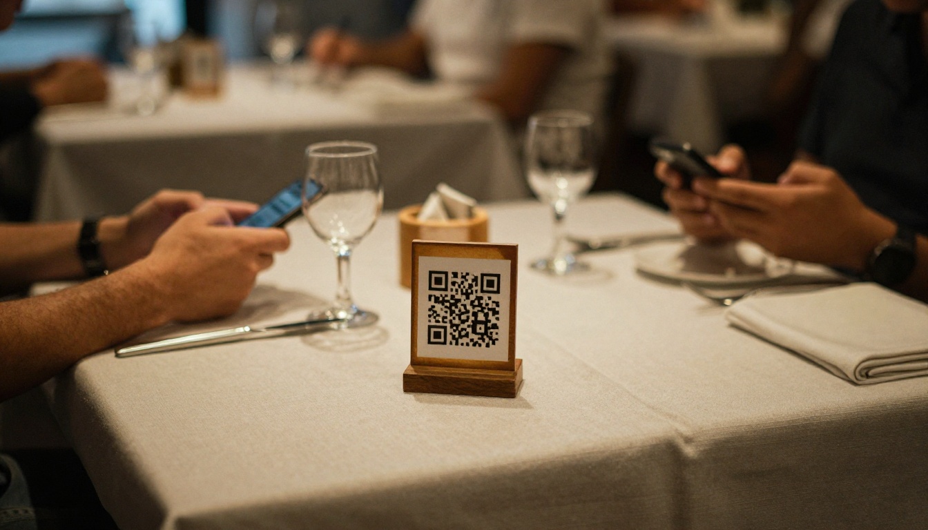 Customer scanning a QR code on a restaurant table card Customer scanning a QR code on a restaurant table card