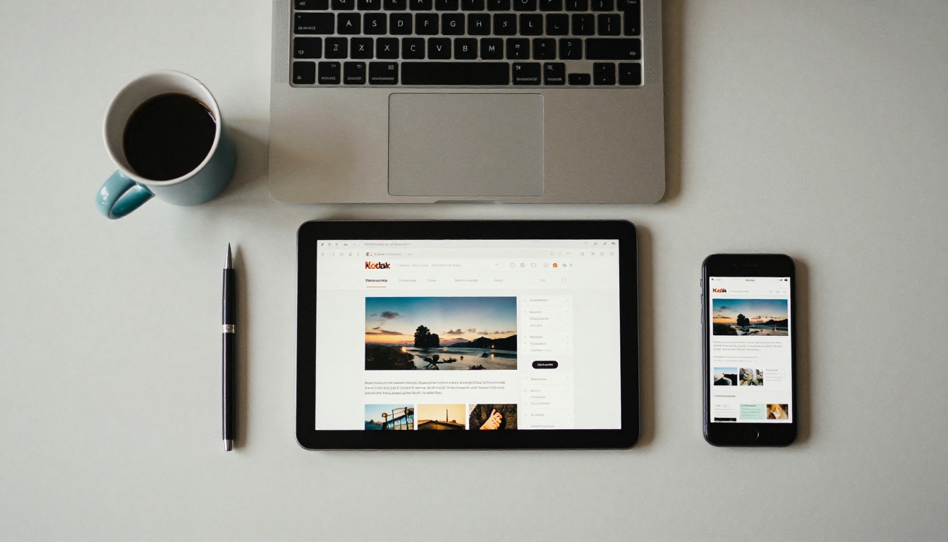 Three devices on a desk, a tablet, a laptop and a smartphone, each showing the same digital catalog in a browser