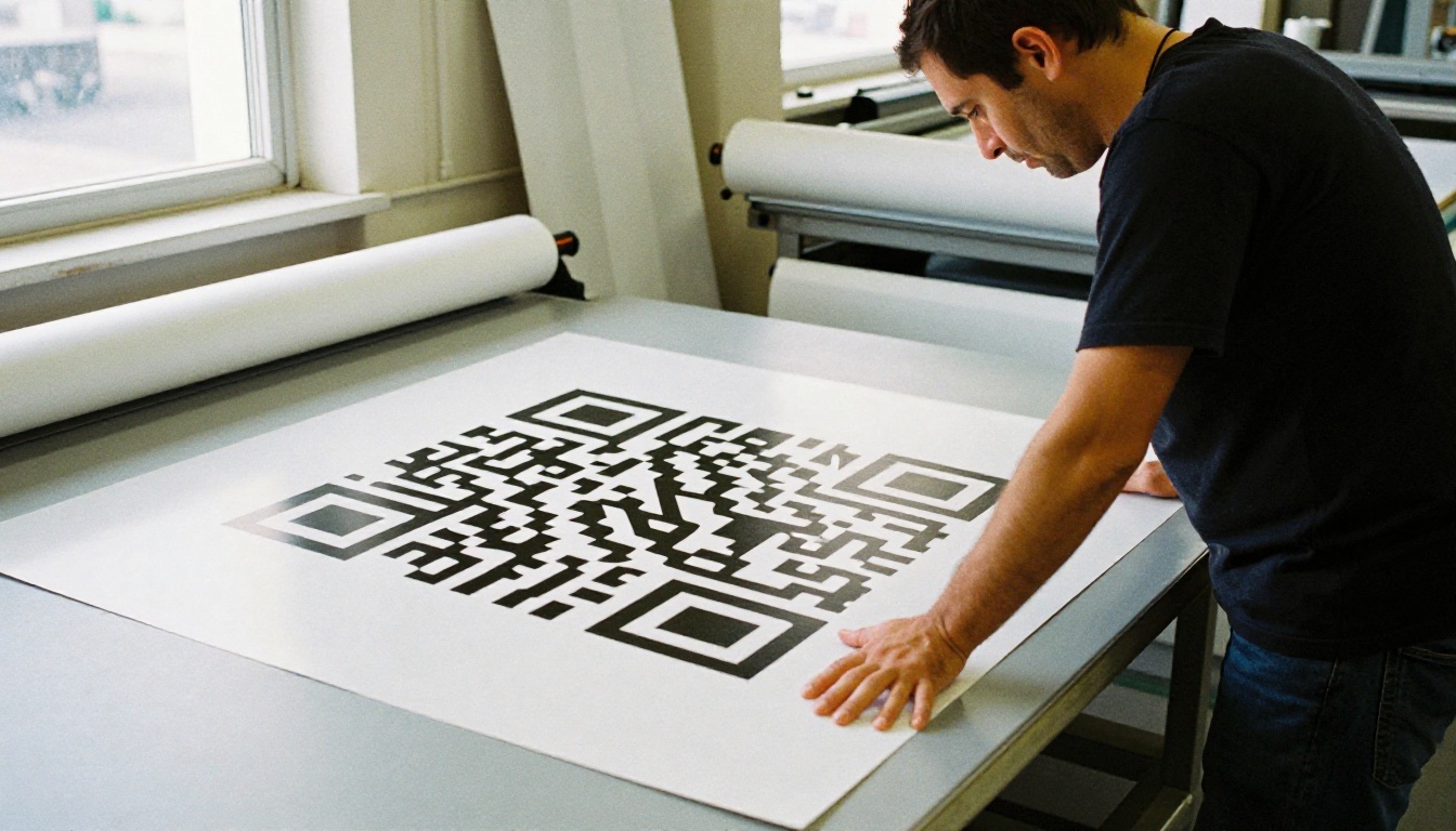 Print shop worker checking a large format poster proof Print shop worker checking a large format poster proof