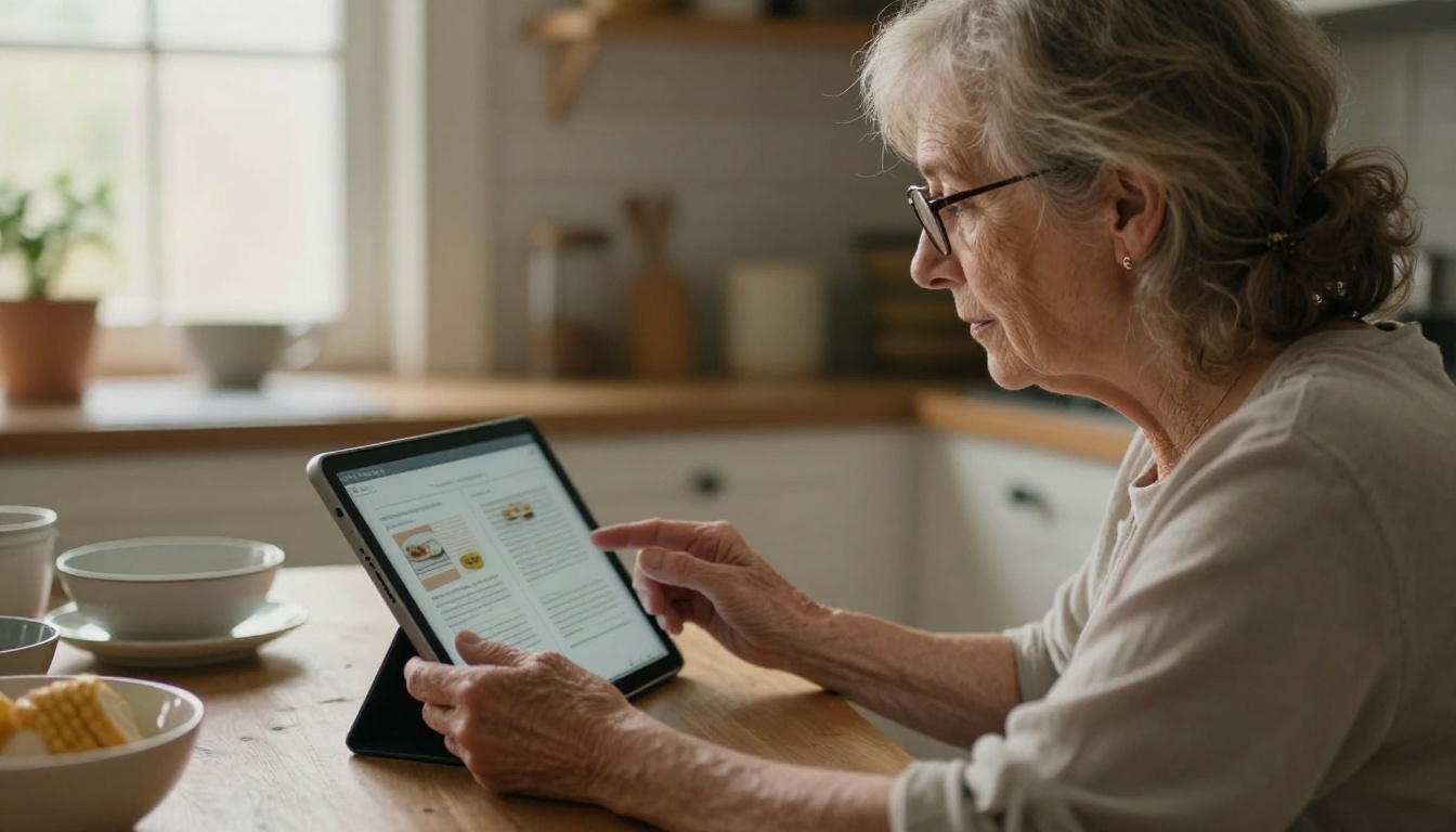 An older woman at a kitchen table holding a tablet that shows a recipe book with turning pages