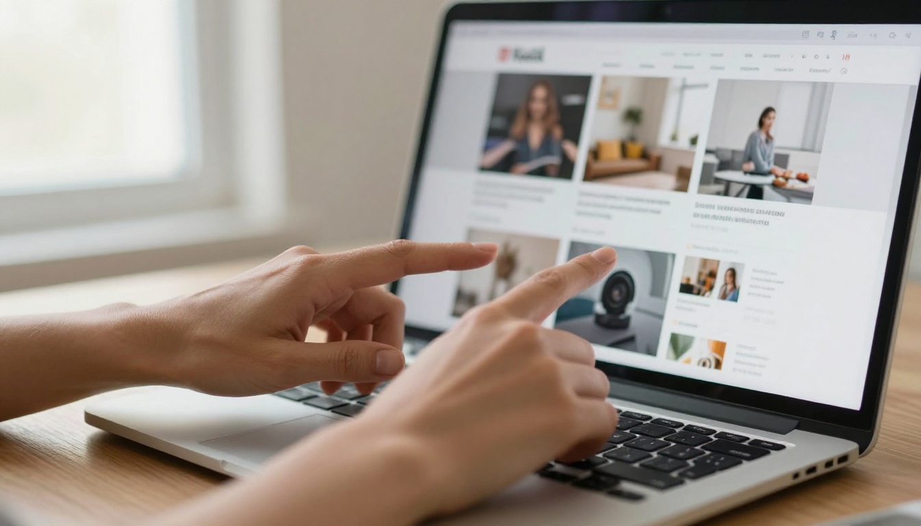 Hands pointing at a laptop showing a website builder with an embedded magazine