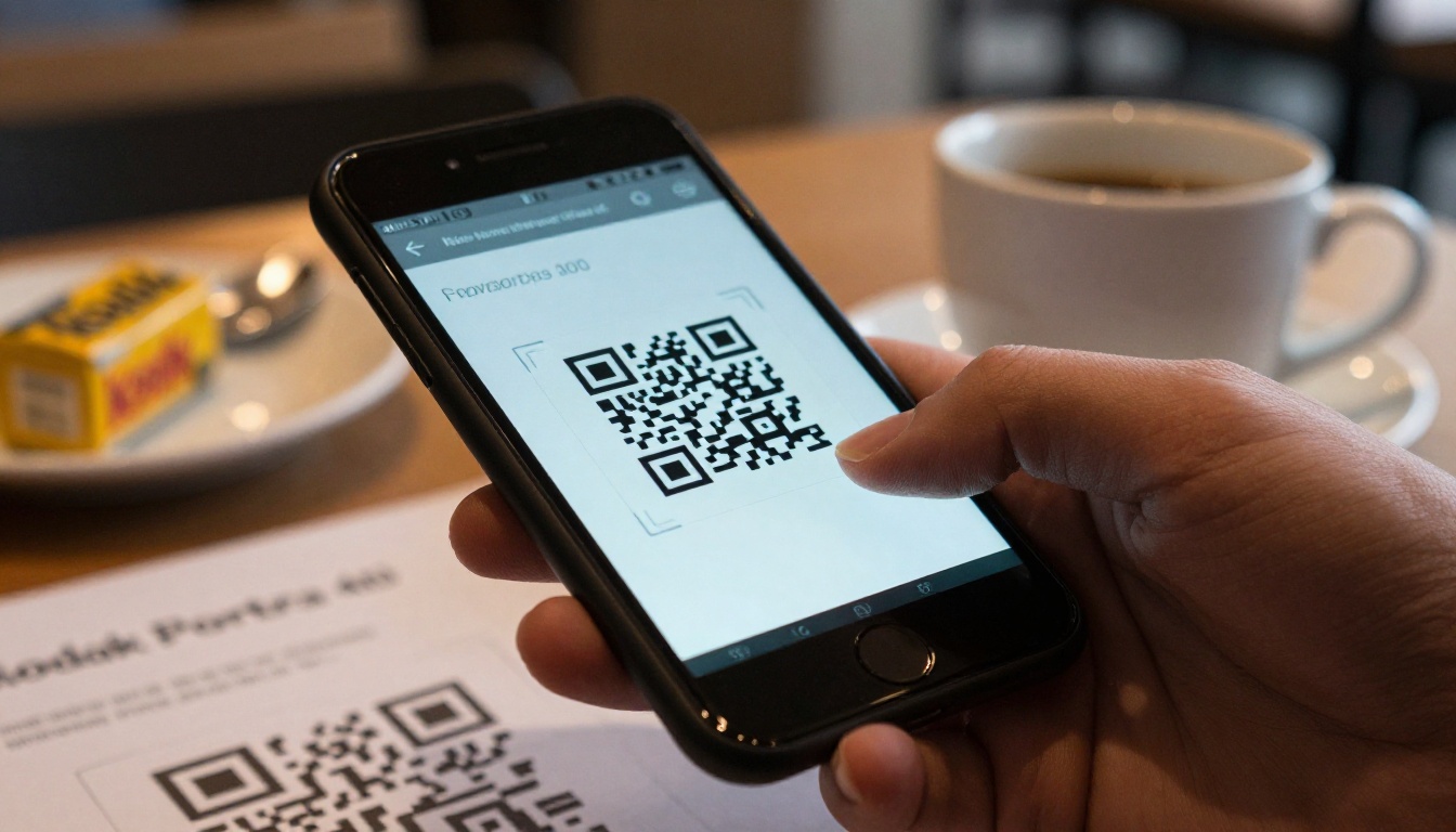 A smartphone scanning a QR code on a printed flyer in a cafe
