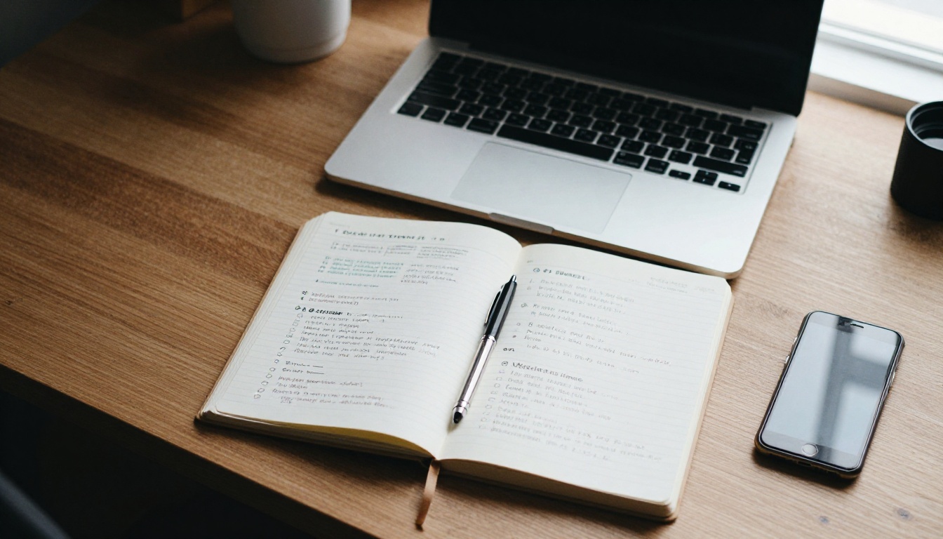 Top-down view of a desk with laptop, brochure and checklist