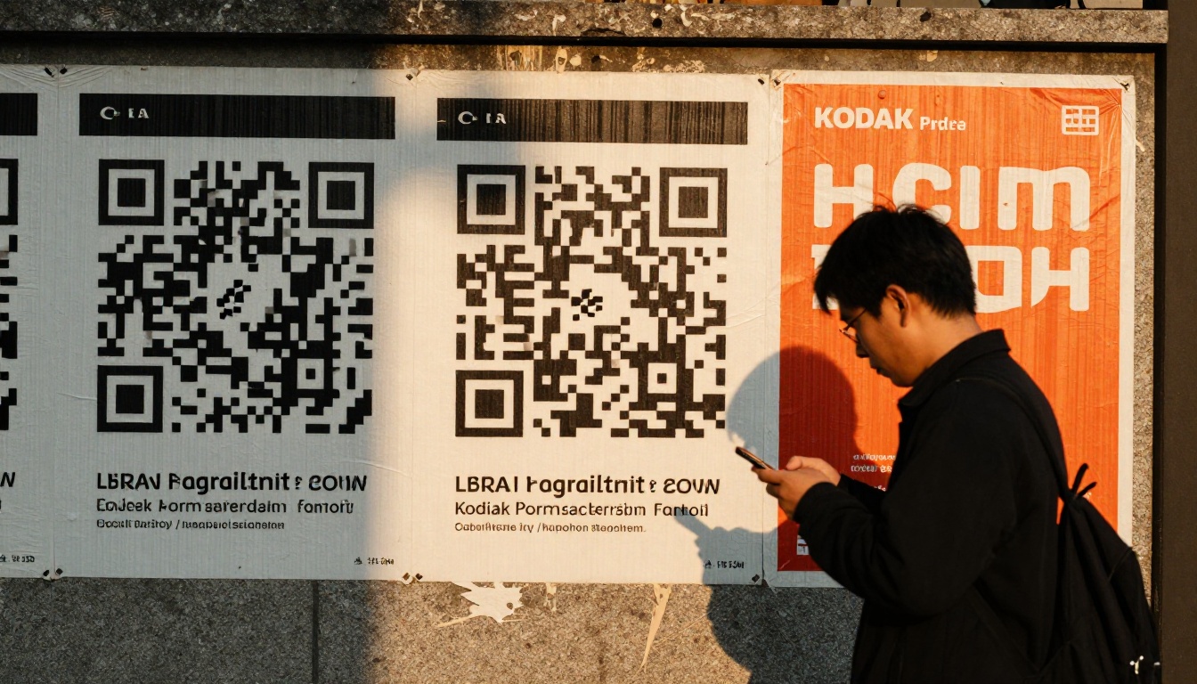 Passer-by scanning a QR code on a street poster wall Passer-by scanning a QR code on a street poster wall