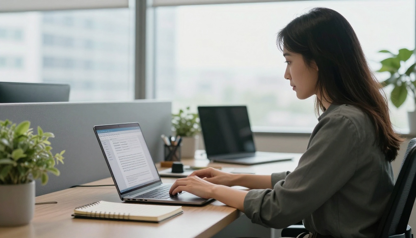 A woman at a laptop in a bright office creating a flipbook from a PDF
