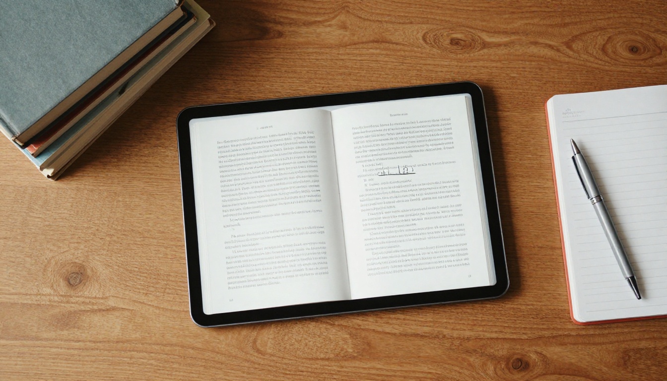 Aerial view of a tablet showing a digital flipbook next to printed books Aerial view of a tablet showing a digital flipbook next to printed books