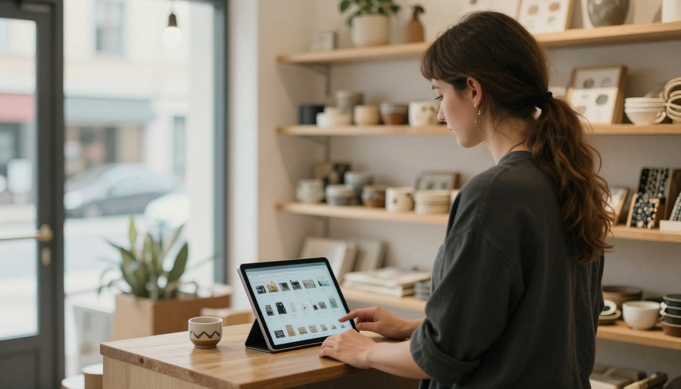 Boutique owner at a counter holding a tablet with a digital catalog