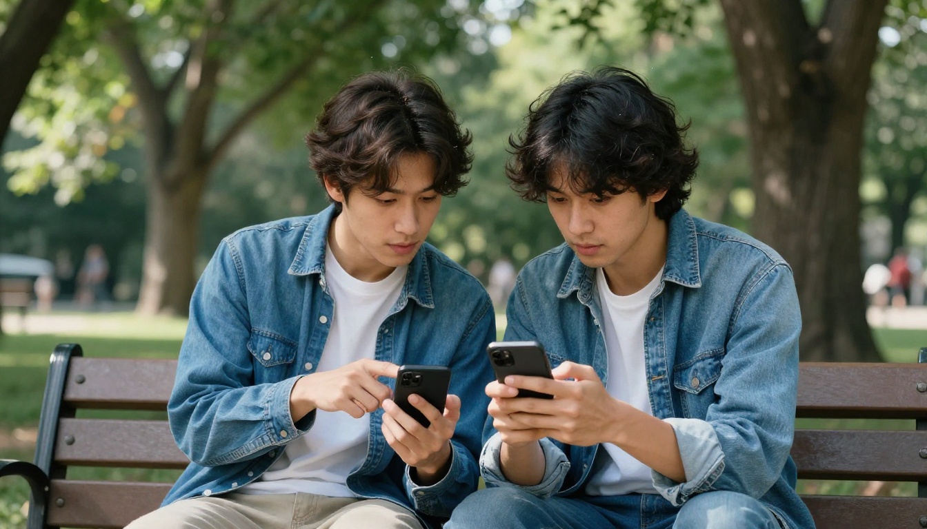 Two friends on a park bench looking at one smartphone together while one points at the screen
