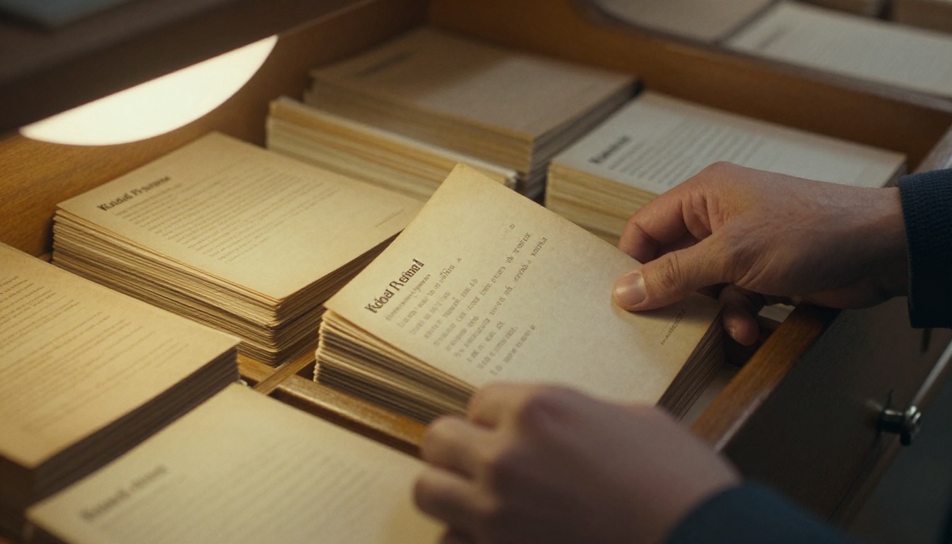 Librarian sorting catalog cards in a wooden drawer Librarian sorting catalog cards in a wooden drawer