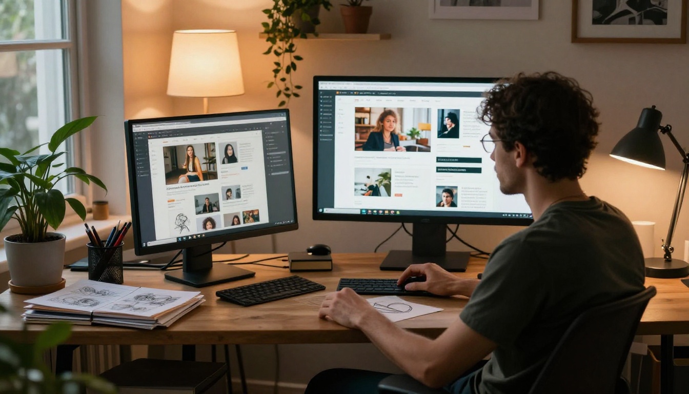 Designer reviewing a website on a large monitor