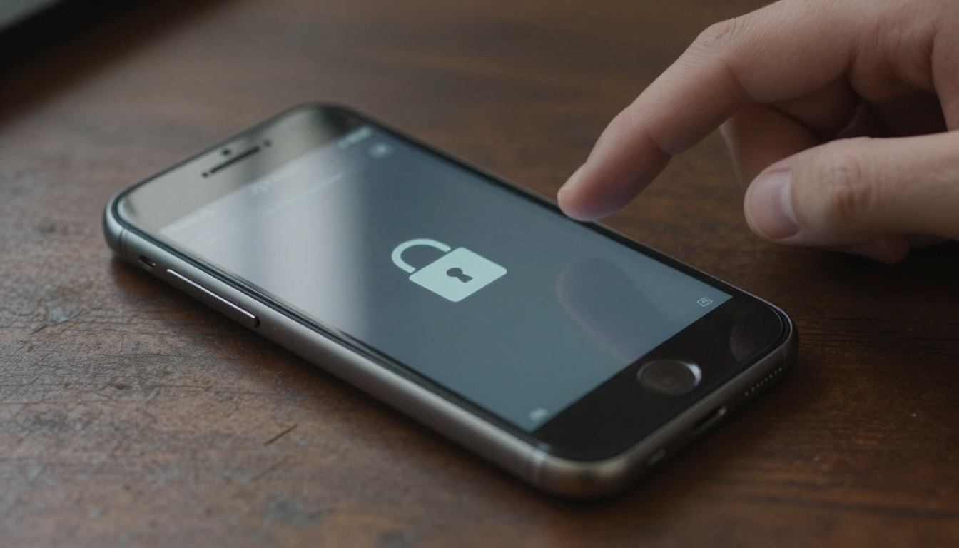 A smartphone on a dark wooden table showing a password prompt with a hand hovering above
