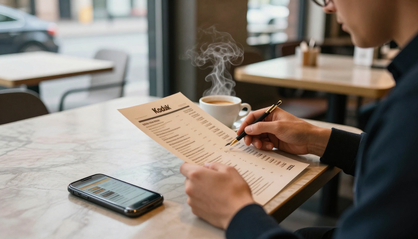 Restaurant owner reading a printed menu next to a phone with a digital menu