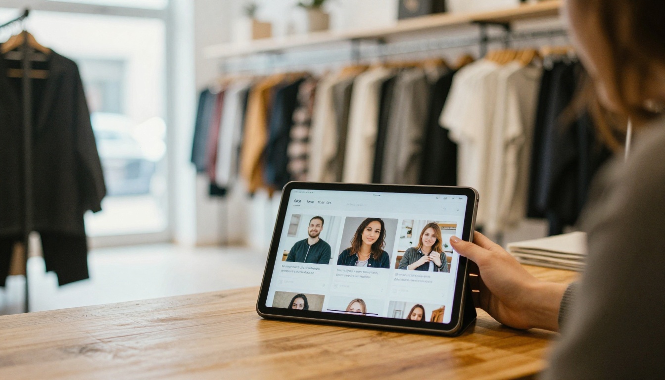 A boutique owner showing a customer a digital lookbook on a tablet in a clothing shop