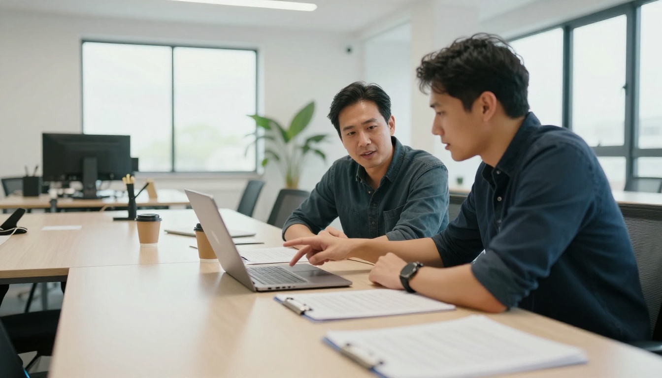 Two colleagues collaborating at a long table in a coworking space