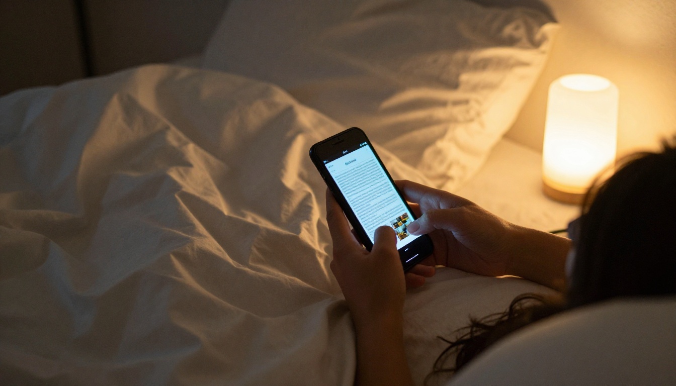 A person lying on a bed in the evening reading a digital magazine on a phone