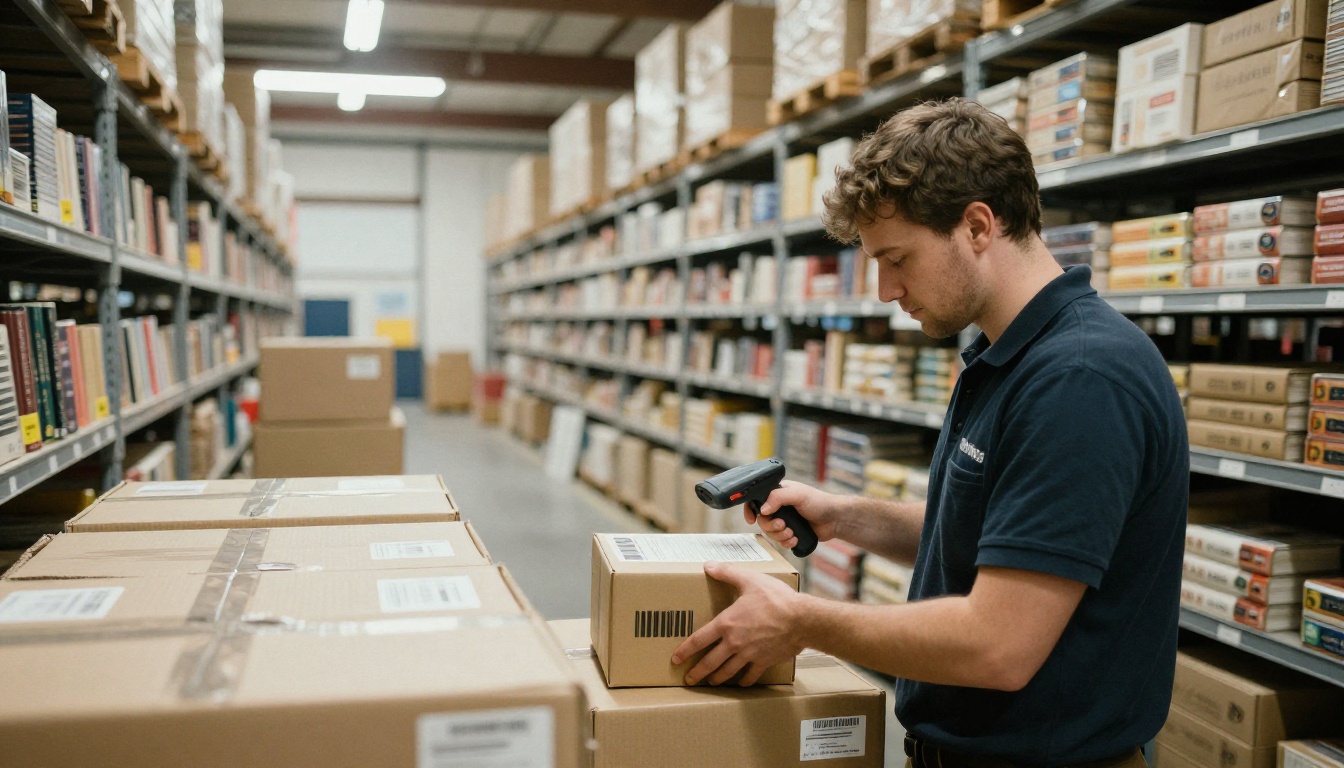 Warehouse worker scanning a barcode on a boxed book Warehouse worker scanning a barcode on a boxed book