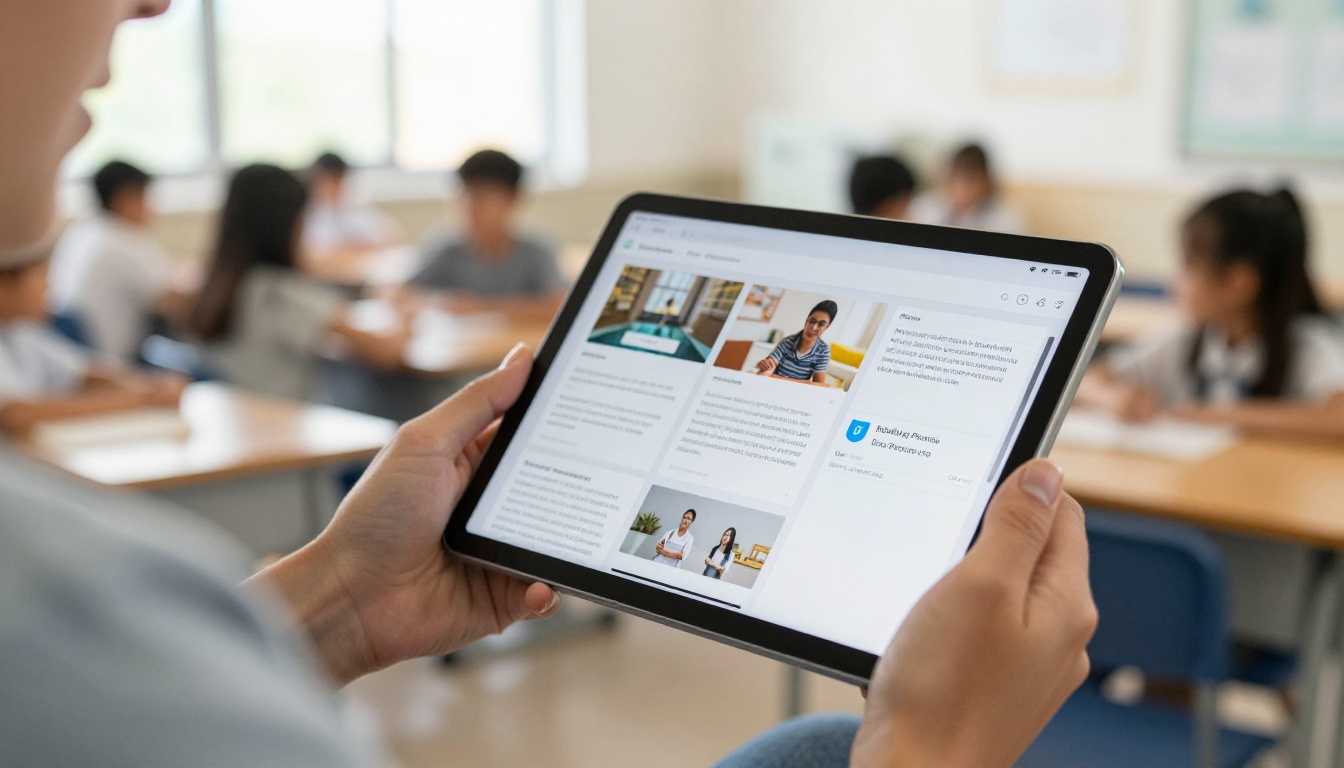Teacher holding a tablet with a digital lesson flipbook Teacher holding a tablet with a digital lesson flipbook