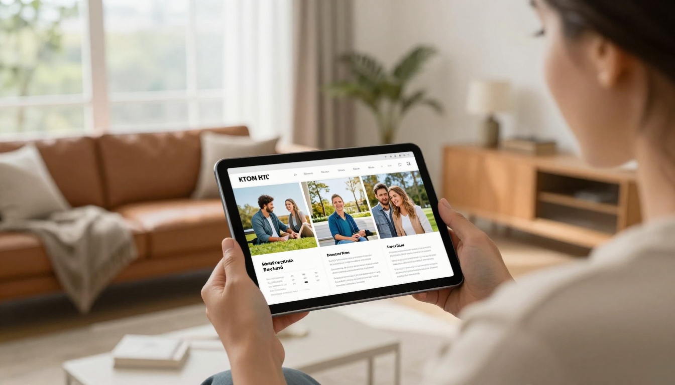 Real estate agent showing a tablet with a digital brochure to a couple
